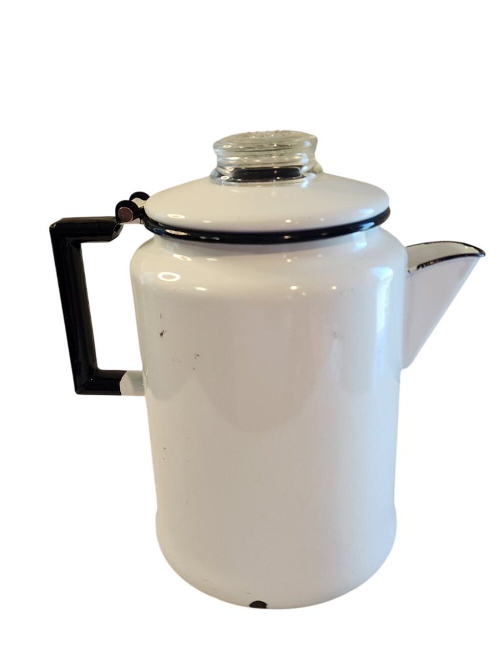 Enamel Coffee Pot Hinged Lid Glass Knob White With Black Trim Has Guts
